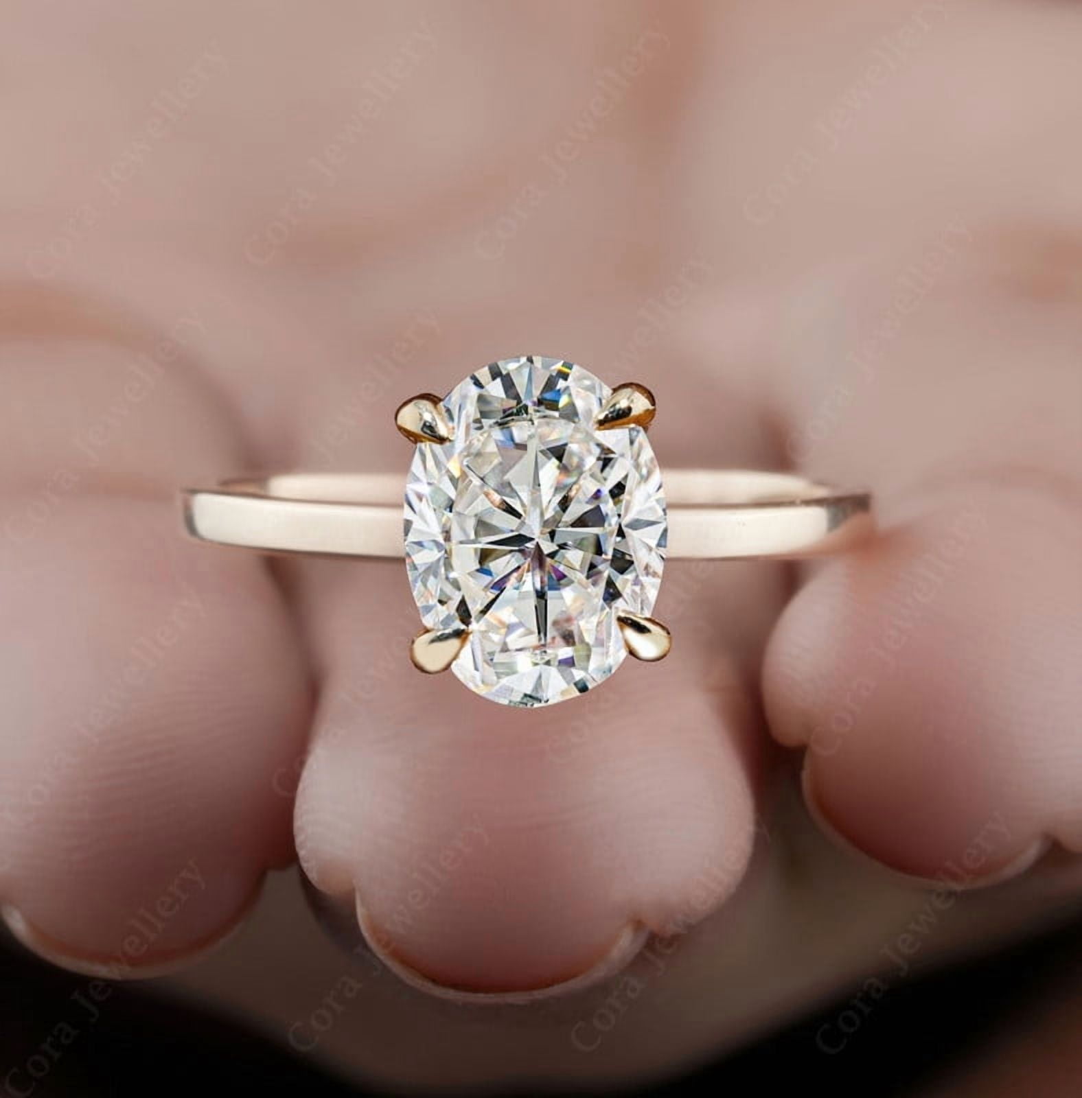 Cora Jewellery 3CT Bridge Diamond Oval Moissanite Hidden Halo Engagement Ring For Women, 18K Yellow Gold