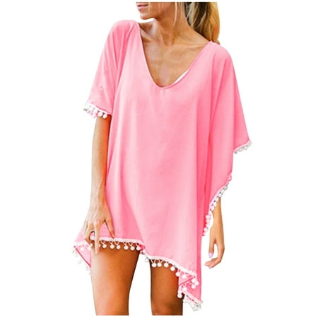 Summer Savings! Lovzfmll Swimwear Cover-ups for Women  Women Trim Kaftan Chiffon Tassels Swimwear Beach Loose Bikini Cover up Pink