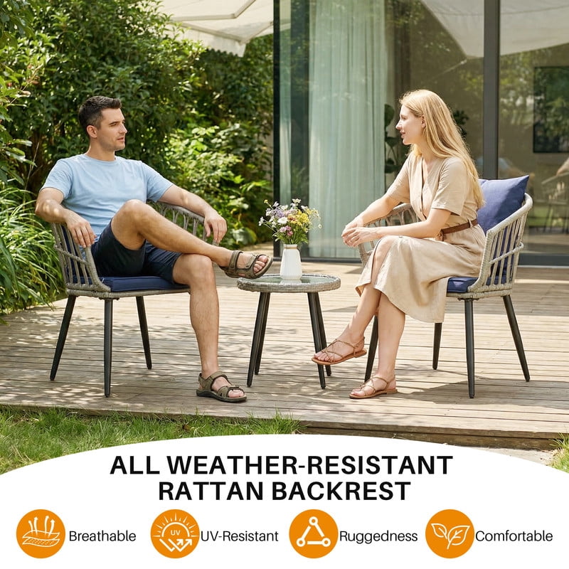 Simenmax 3 Piece Patio Wicker Furniture Set, Outdoor Rattan Chairs with Tempered Glass Coffee Table, Comfortable Washable Cushions for Balcony, Backyard, Poolside, Blue Gray