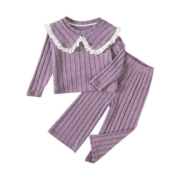 HAiming Toddler Girl Fall Clothes Cotton 2 PCS Set Long Sleeve Roll Collar Shirt and Wide Leg Pants Solid Color Outfits
