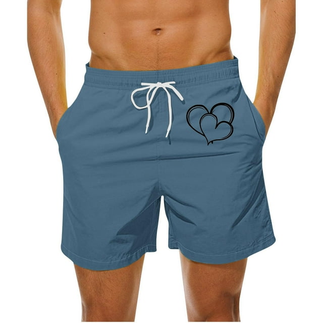 Mens Casual Shorts Heart-Shaped Printed Drawstring Pocket Beach, Polyester Spandex for Spring Summer Outdoor & Daily
