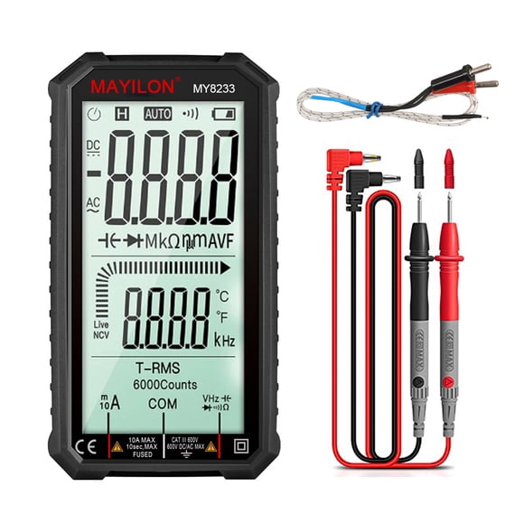 MAYILON MY8233 Compact Digital Multimeter with LCD Display, Backlight, and Flashlight for AC/DC Voltage, Current, Resistance, Capacitance, Temperature, and Diode Testing - Battery Not Included