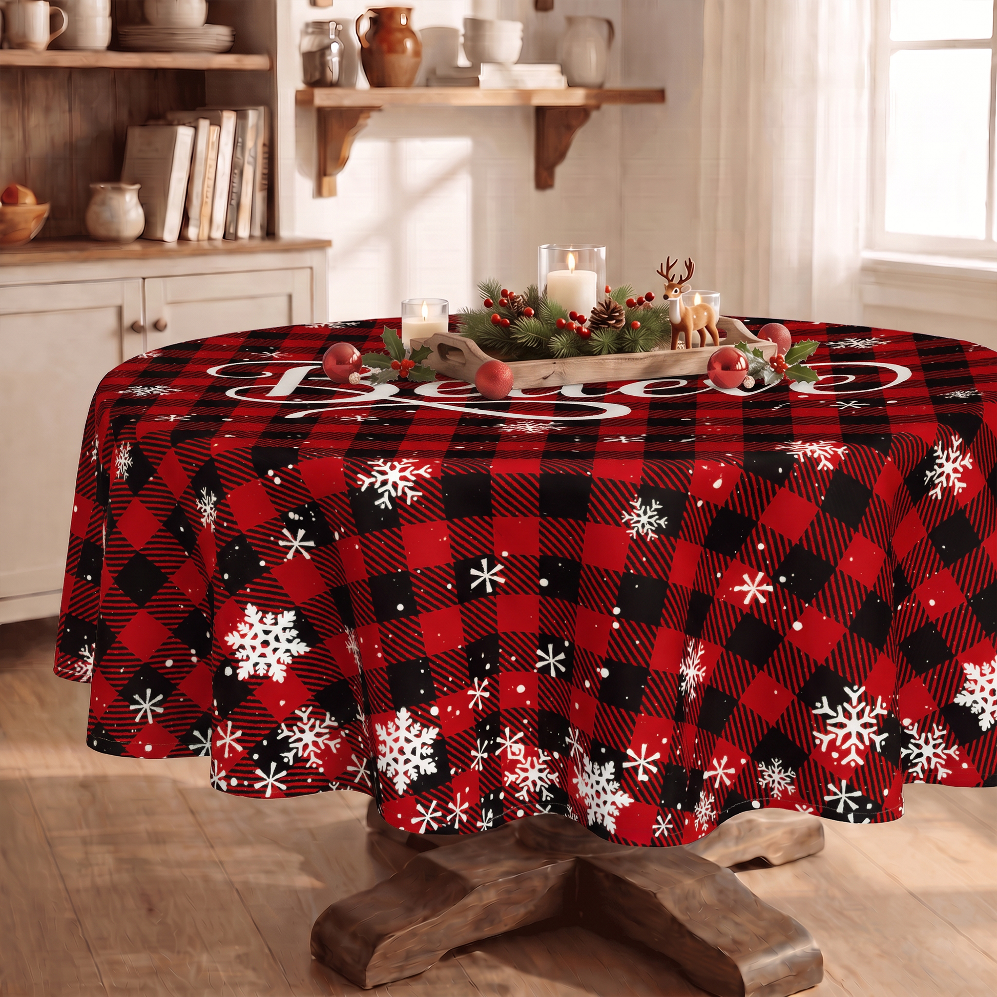 Sm:)e Believe Buffalo Check Plaid Christmas Tablecloth 70 Inch photo 6