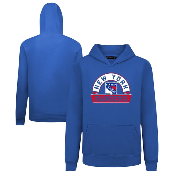Youth Levelwear Royal New York Rangers Podium Banner Arch Pullover Hoodie