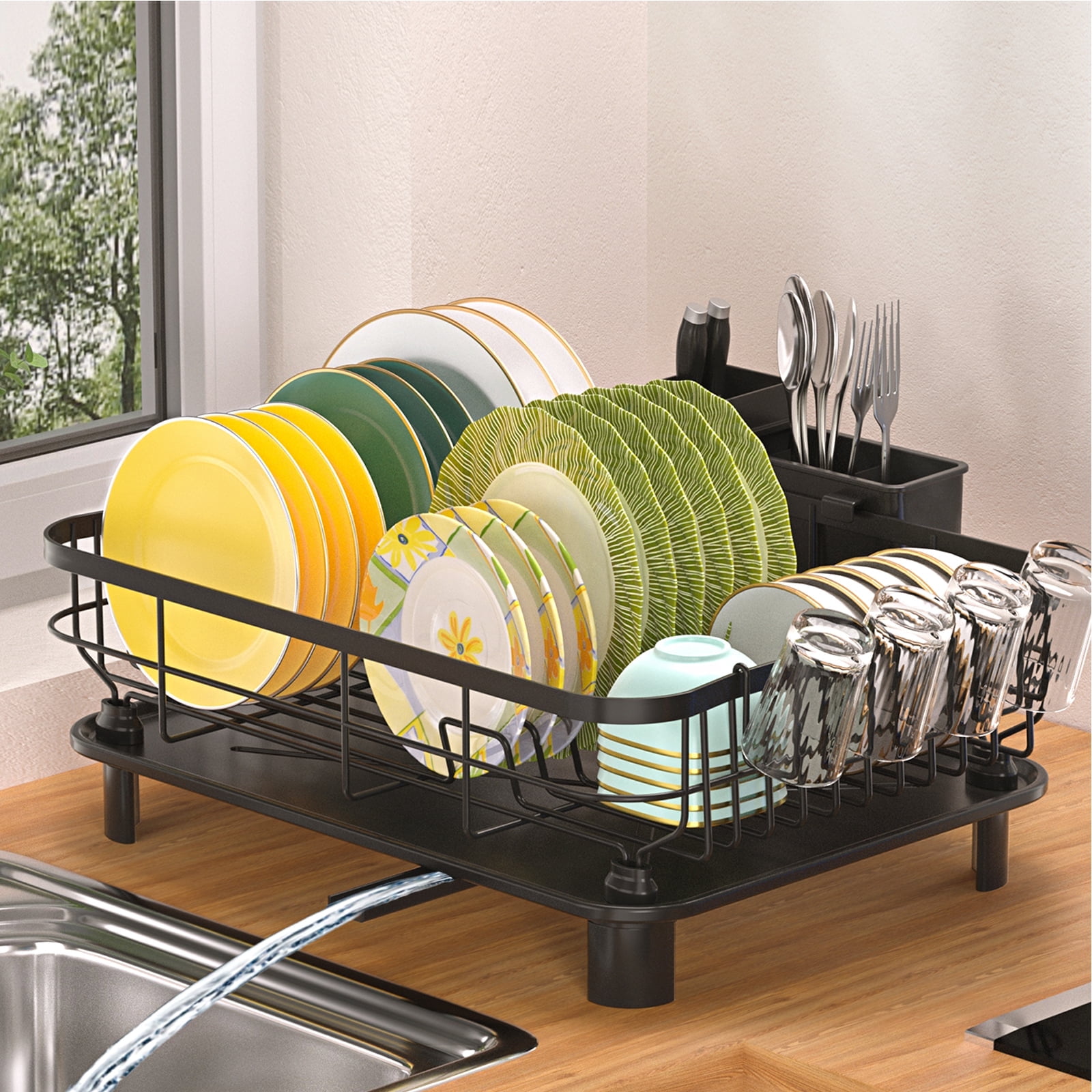 Dish Rack, Aluminum Dish Drainer,Dish Drying Rack with Removable Drip Tray, Large Storage Draining Board, Cutlery Holder & Cup Holder, Plate Rack Drainer for Kitchen Black