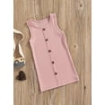 thumbnail image 3 of Gzhioc Kid Girl Sleeveless Dress, Plain Color Round Neck Button Decor Stripe Pattern Dress, Casual Simple One-Piece Clothes,Pink/Apricot/Black, 3 of 8