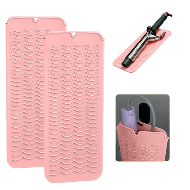 2 alfombrillas de silicona resistentes al calor con orificio para colgar, alfombrilla de viaje resistente al calor para planchas de pelo y otros utensilios de peinado calientes, 28 x 13 cm, color rosa
