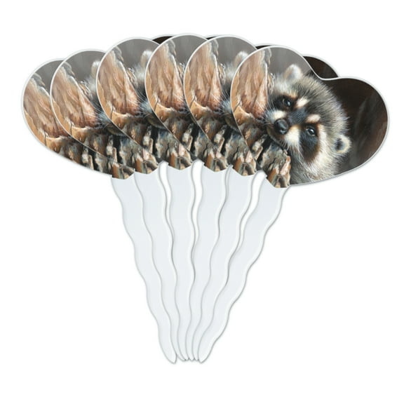 Lazy Daydreaming Raccoon in Tree Heart Love Cupcake Picks Toppers Decoration Set of 6