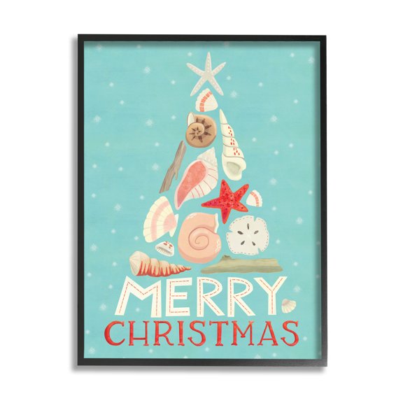 Stupell Industries Merry Christmas Nautical Holiday Tree Beach Polka Dots Nature Painting Black Framed Art Print Wall Art, 16 x 20