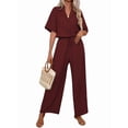 thumbnail image 3 of Women'S Casual 2 Piece Set V-Neck Short-Sleeved Tops Straight Wide Leg Pants Outfit Deep Red M, 3 of 9