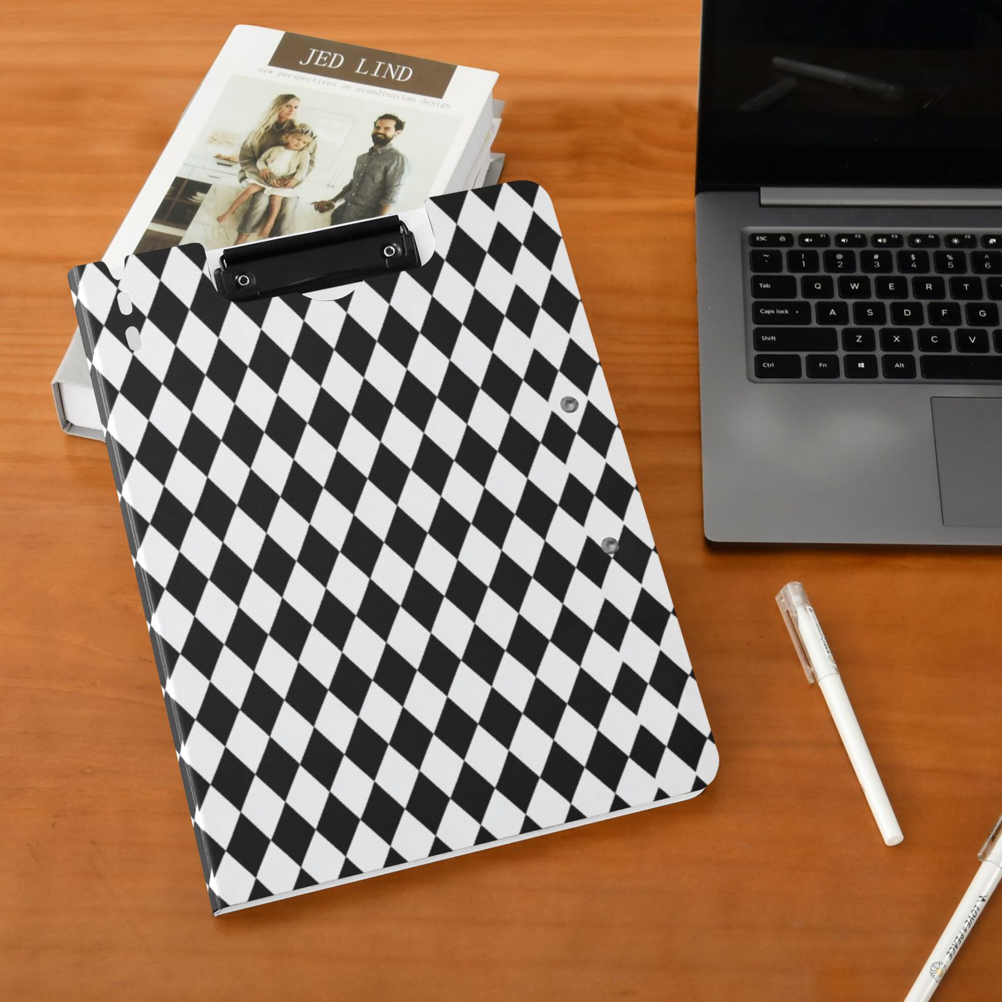 FORMRS A4 Clipboard Folder with Pen Holder Horizontal Foldable School Office Binder, Black and White Geometric