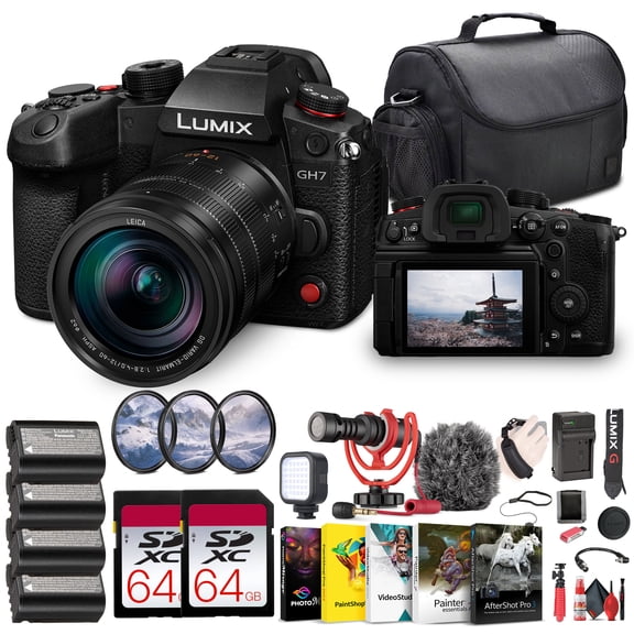 Panasonic Lumix GH7 Mirrorless Camera with 12-60mm F/2.8-4 Lens   2 x 64GB Memory Card   LED Light   Bag   Rode Mic   Photo Editing Software   3 x DMW-BLK22 Battery   Card Reader   More