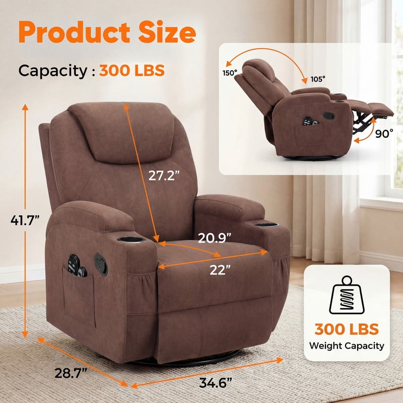 Vineego Massage Swivel Rocker Recliner with PU Leather Fabric Small Spaces Lounge Chair with Two Cup Holder for Bed Room,Linen Brown
