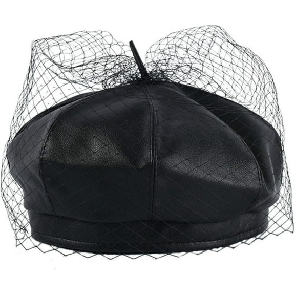 YooGuoGuo Black Berets for Women Chic Leather French Beret Hat with Veil Mesh Show Double Layer Women's Beanies Cap