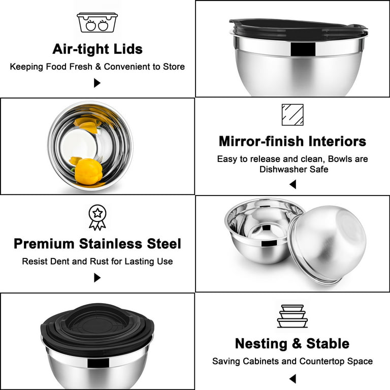 Stainless Steel Metal Mixing Bowl Set of 6 with Airtight Lid Nesting  Stackable