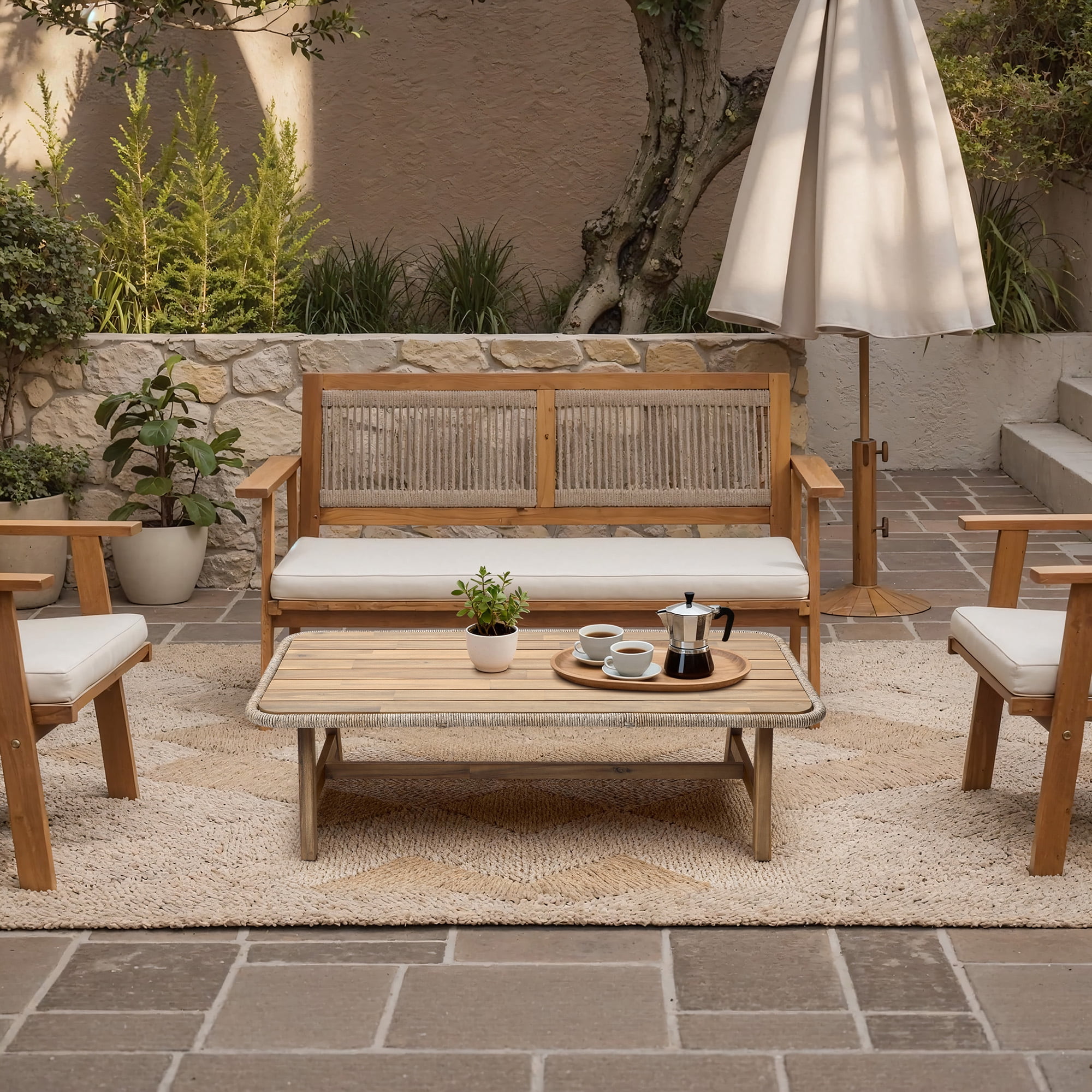 LuxenHome Outdoor Acacia Wood Coffee Table with Woven Wicker Edge, Patio Furniture Accent