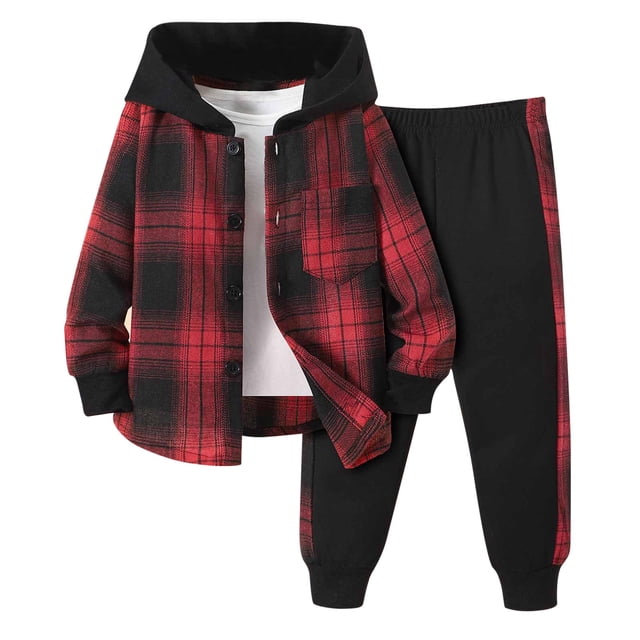 Yuyuzo Toddler Boy Clothes Plaid Button down Hoodie Sweatpants Sweatsuit Set 2 Piece Fall Winter Outfit