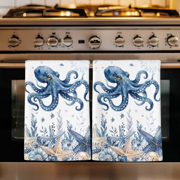 Blue Octopus Coastal Kitchen Towels Set of 4, Beach Starfish Nautical Coral Shell Absorbent Dish Towels for Kitchen, Microfiber Hand Towel, Quick Drying Tea Towel for Cleaning Decorative Dishcloths