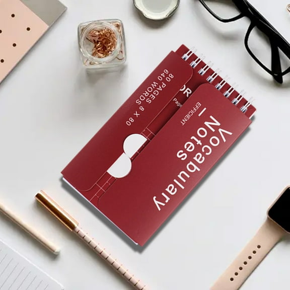160-Page Mini Vocabulary Notebook - Portable Language Learning Notepad with Twin-Ring Binding | Pocket-Sized Wordbook for ESL TOEFL Students (Red)