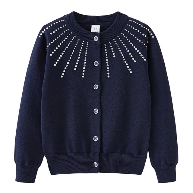 Girls' Rhinestone Knit Cardigan Round Neck Cotton Sweater Jacket