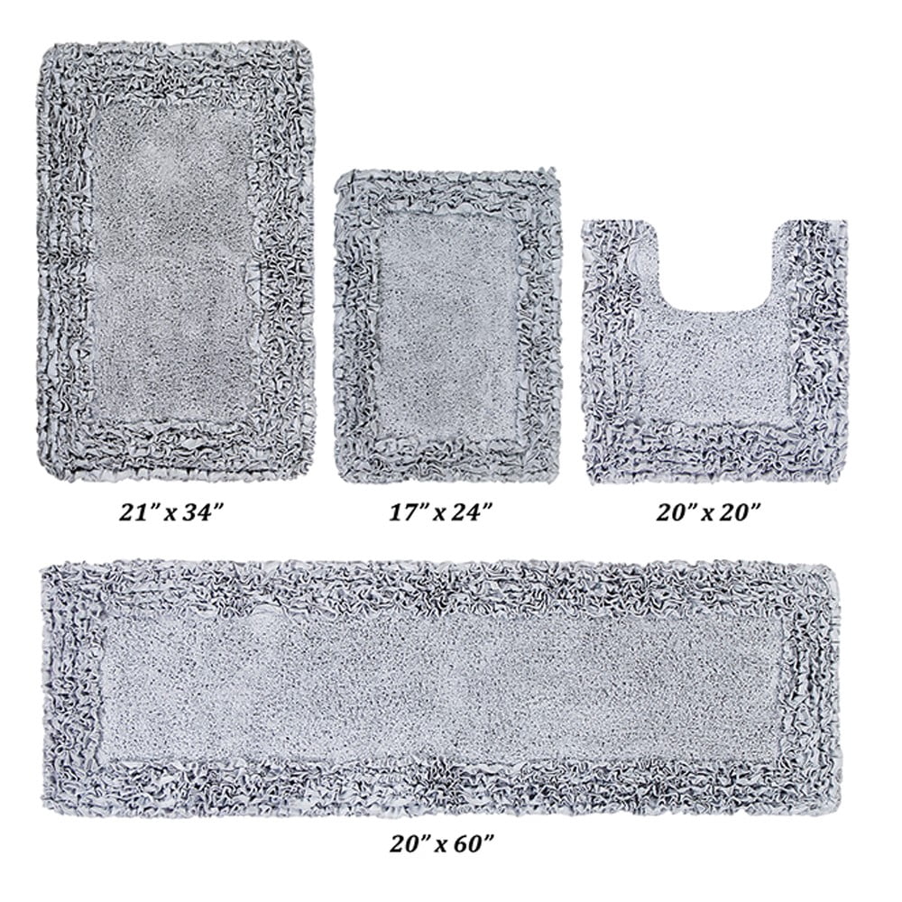 Better Trends 4 Piece Bathroom Rug Set 100% Cotton, Extra Soft, Water Absorbent & Non Slip Bath Mat, Ruffle Border, (Silver) Shaggy Border Collection
