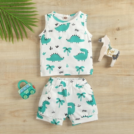 

nsendm Newborn Infant Baby Boys Summer Sleeveless Dinosaur Vest T Shirts Tops Shorts Outfits Clothes Baby Boy Clothes Gift Set Childrenscostume Green 12 Months