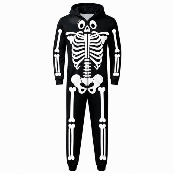 IWRICH Kids Skeleton Halloween Unisex Bone Print Jumpsuit with Hidden Back Zipper 01-Black 8Y