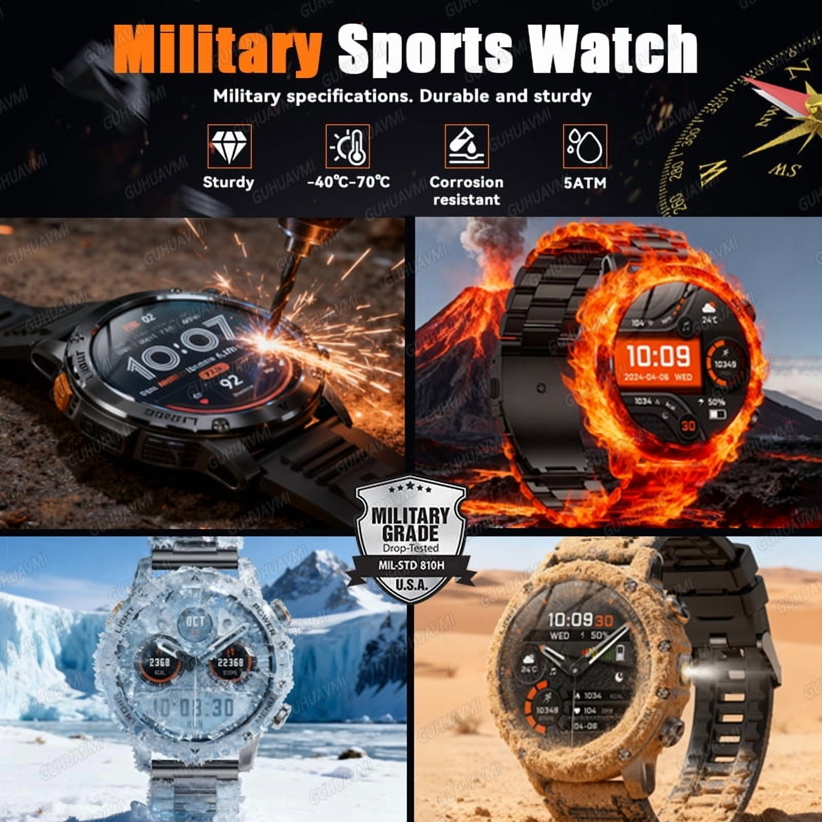 New Military T-Rex 3 Ultra 1000mAh Battery Smart Watch 5ATM Waterproof Flashlight  Sports tracker Smartwatch Men