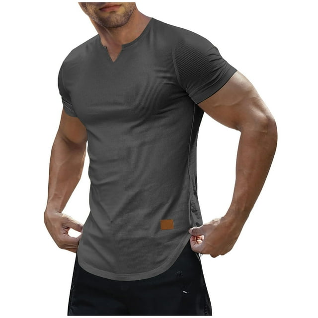 Blusas y camisas de manga corta con cuello en V para hombre, estilo casual, de color liso, con textura vertical, de manga corta y cuello en V.