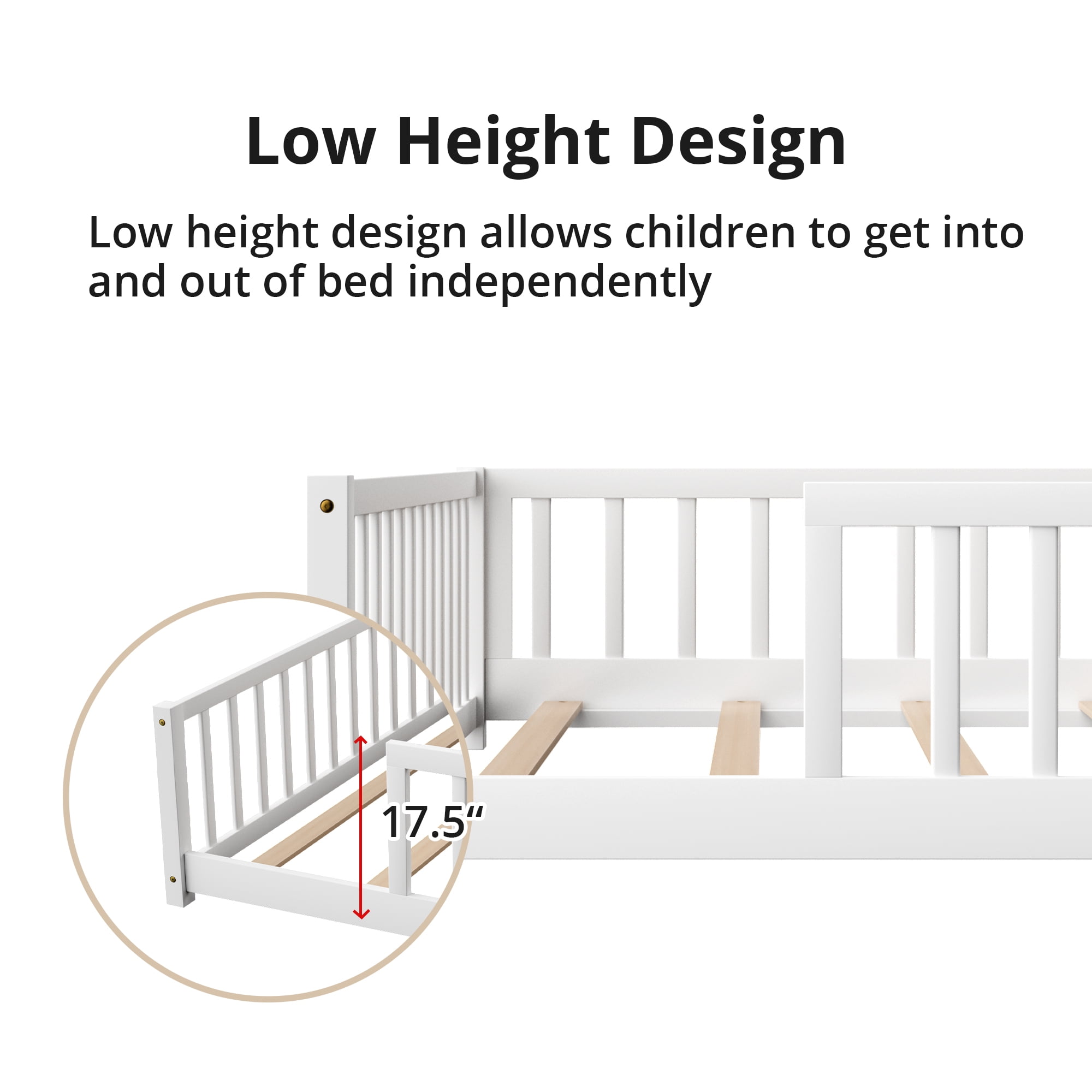 Twin Size Floor Bed, Wood Twin Montessori Bed Frame with Fence Guardrails and & Support Slats, Twin Playhouse Bed without Door, White