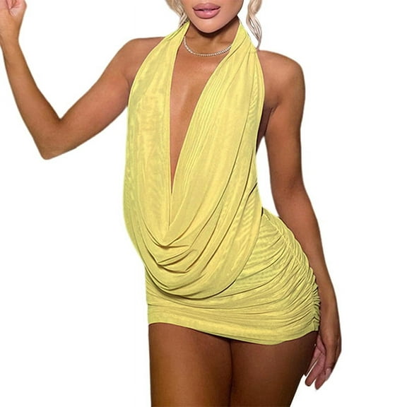 Women'S Deep V Neck Halter Bodycon Mini Dress Sleeveless Party Club Dresses Yellow S
