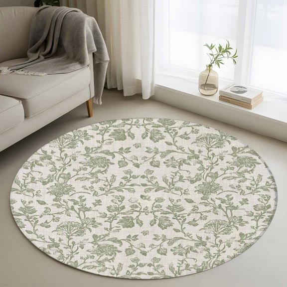 Farmhouse Sage Green Round Rug 4ft Washable Circle Entryway Rugs Non Slip Vintage Flower Leaf Botanical Area Rug Indoor Floor Carpet for Bedroom Kitchen Living Room Home Office Dining Room Nursery