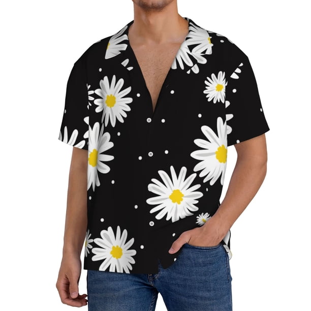 Balery Daisies Flowers Camisa Casual de Manga Corta con Botones para Hombre, Texturizada, Estilo Cubano, para Playa, Verano-Large