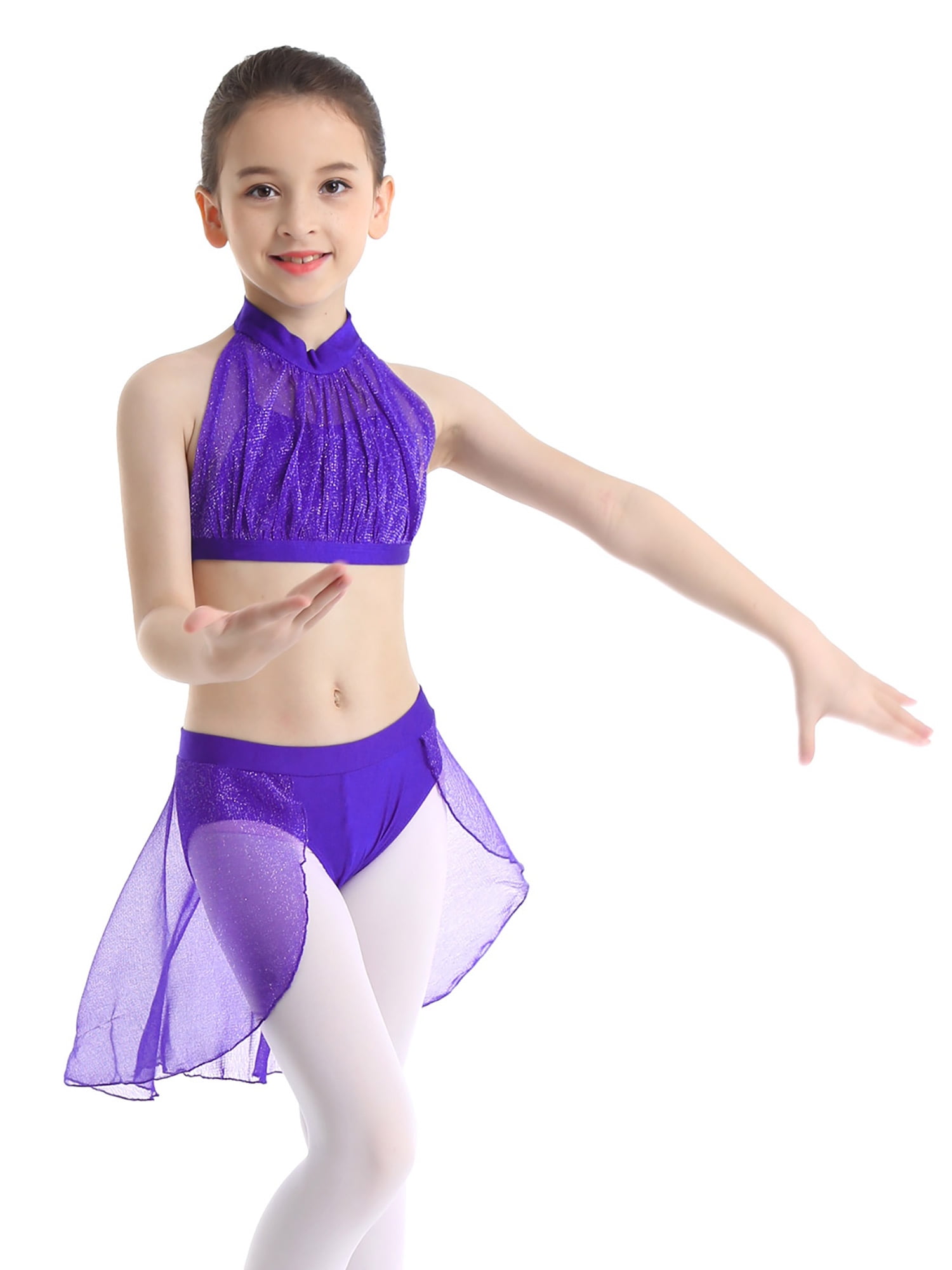 Girls Gymnastics Jazz Outfit Kids Dance Long Sleeves Crop Top Shorts Bottoms Set 