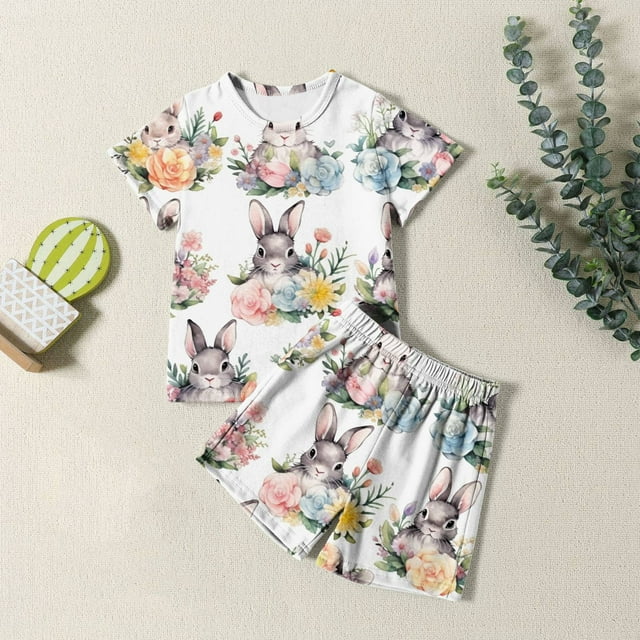 Ensemble de Pyjamas de Pâques pour Garçons Mignon Lapin de Pâques Col Rond T-Shirt à Manches Courtes et Shorts Ensemble Vêtements de Printemps