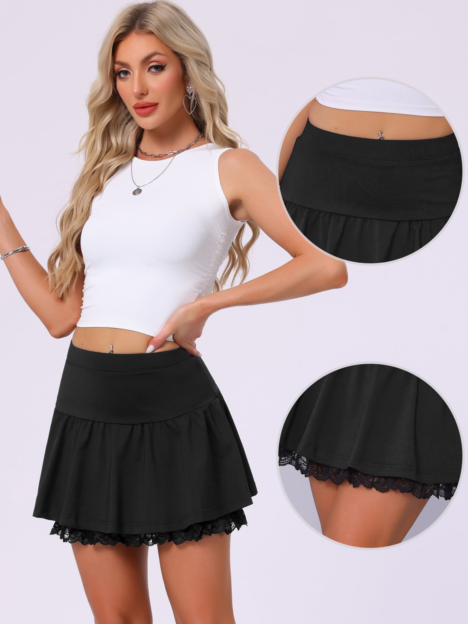 DARING DIVA Women's High Waist Lace Ruffle Y2K A Line Mini Skirts Small Black