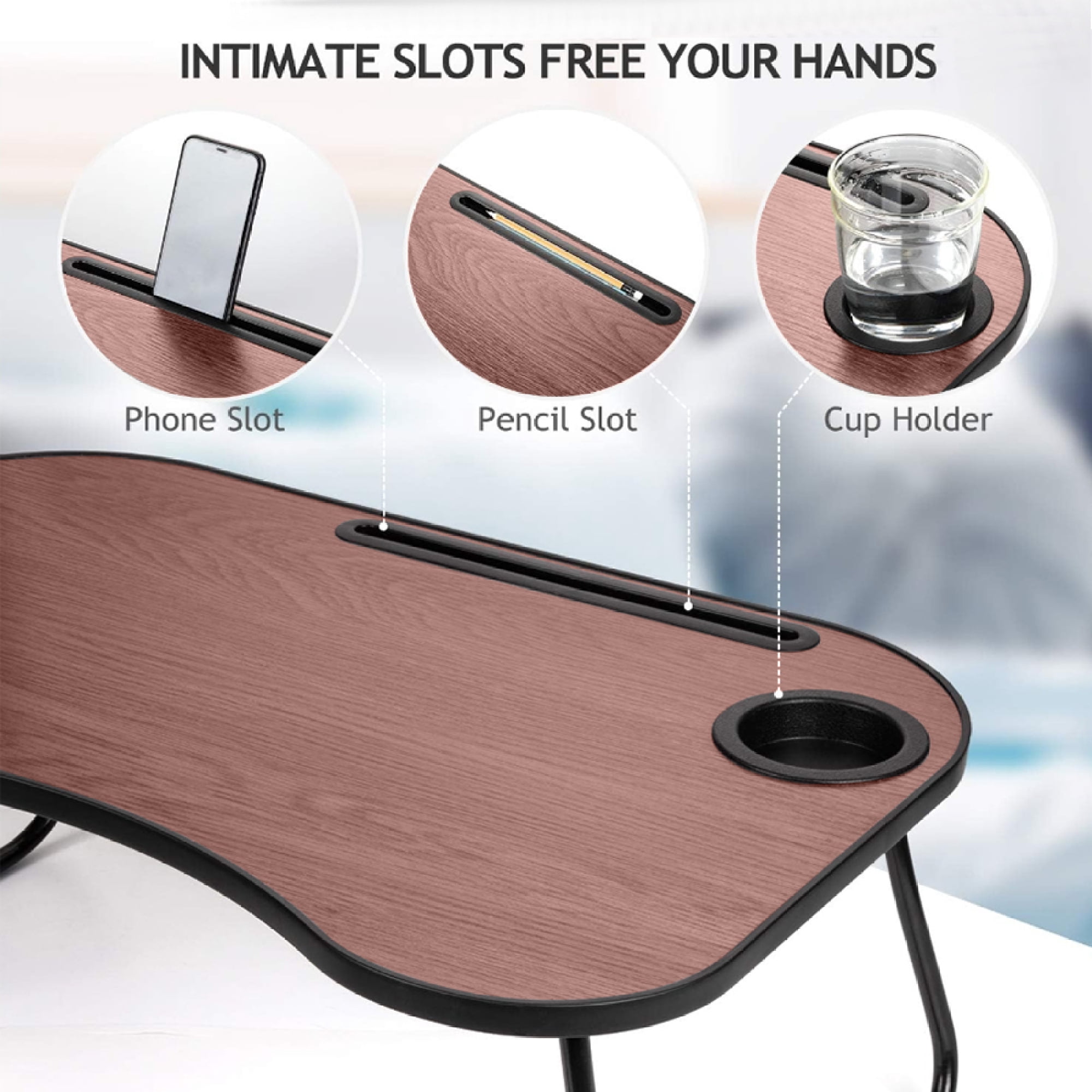 Foldable Laptop Desk Portable Tray Table Lap Desk Bed Stand Standing Table with Cup Holder and Slot for Reading Writing Eating