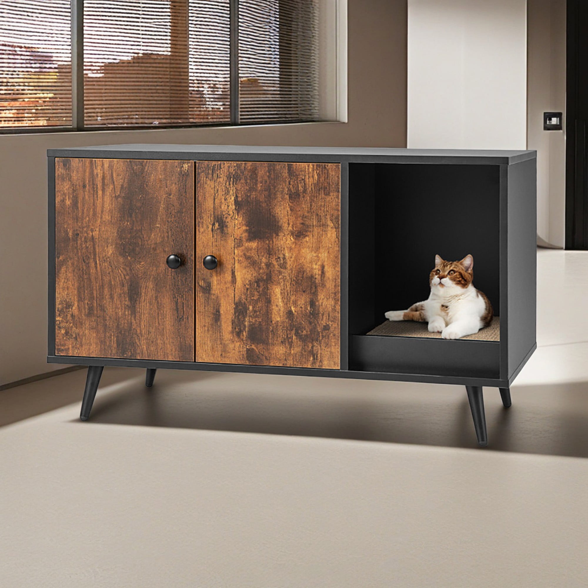 Kadyn 35" Pets Tiger Large Cat Litter Box Furniture Hidden, Pet House Enclosure, Cat House Washroom Cabinet Stool, Black