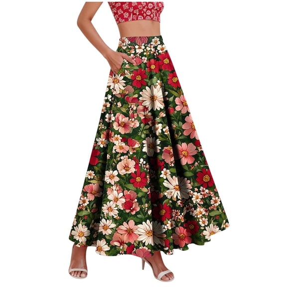 WMTBSRSW Floral Maxi Skirts for Women Summer High Waist A Line Flowy Beach Vacation Boho Midi Long Skirt Army Green2 Small