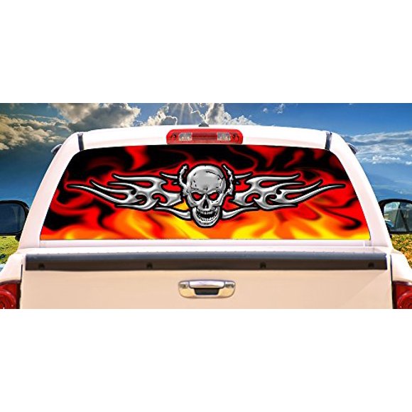 SignMission Chrome SKULLRear Window Graphic Back Truck Decal SUV View Thru Vinyl, 22" X 65", Skull