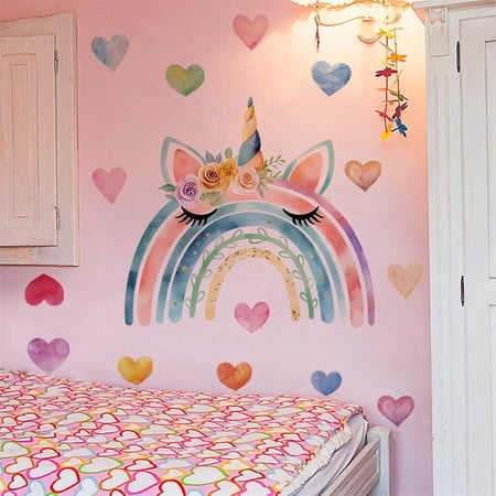 Boho Watercolor Unicorn Rainbow Wall Decal, Pastel Heart Wall Sticker, Baby Girl Nursery Wall Decor, Magical Kids Bedroom Gift