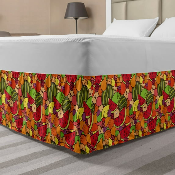 Fruit Bed Skirt, Summer Food Doodle Pattern with Watermelon Lemon Pear Grapes Berries Plum Apple, Elastic Bedskirt Dust Ruffle Wrap Around for Bedding Decor, 4 Sizes, Multicolor, by Ambesonne