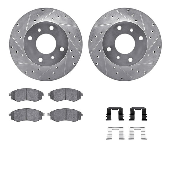 Dynamic Friction Company Front Brake Rotors-Drilled and Slotted-Silver with 5000 Advanced Brake Pads includes Hardware 7512-67028