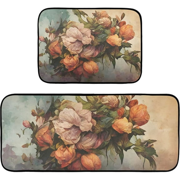 Vintage Wild Flower Kitchen Mat 2 Pcs Set Anti Fatigue Cushioned Waterproof Non Slip Comfort Standing Padded Floor Mats Rugs