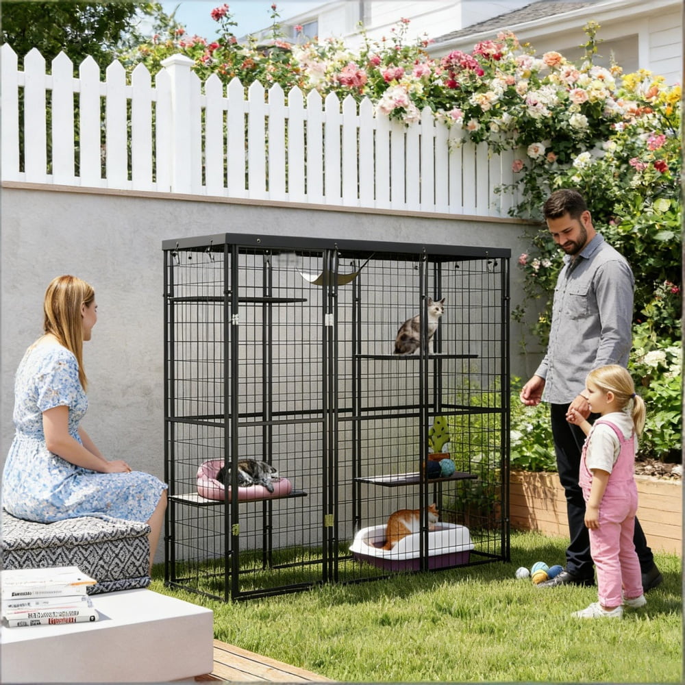 PawHut Outdoor Cat Enclosure with Perches and Hammock, Black Steel and Polyester