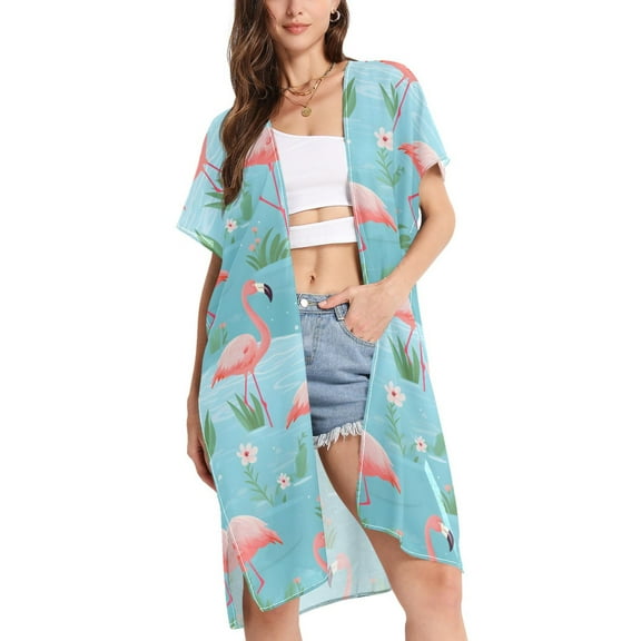 ALAZA Women's Beach Cover Up Flamingo Floral Kimono Swimsuit Summer Cardigan Swimwear M