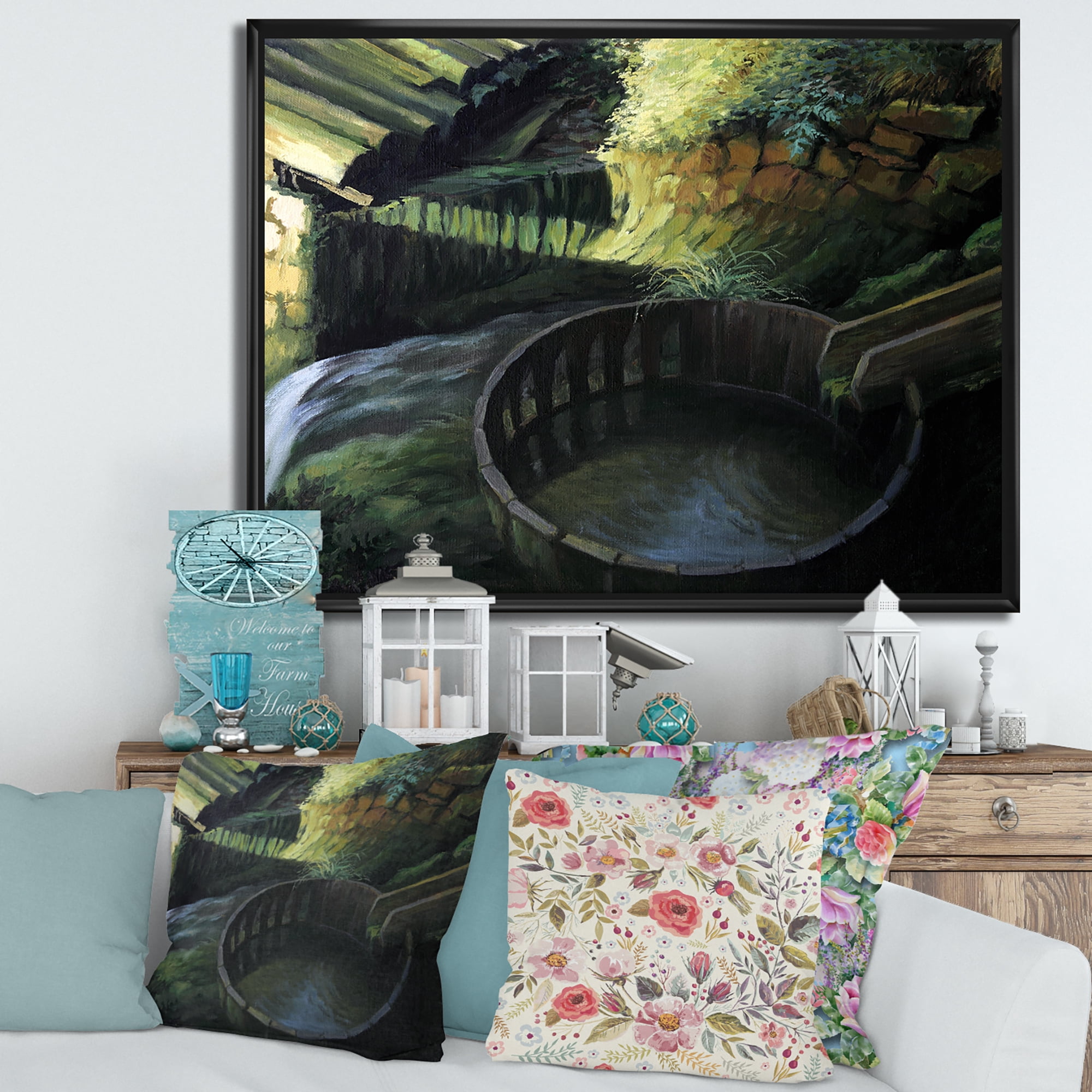 Designart 'Old Watermill In Green Nature Landscape' Lake House Framed Canvas Wall Art Print