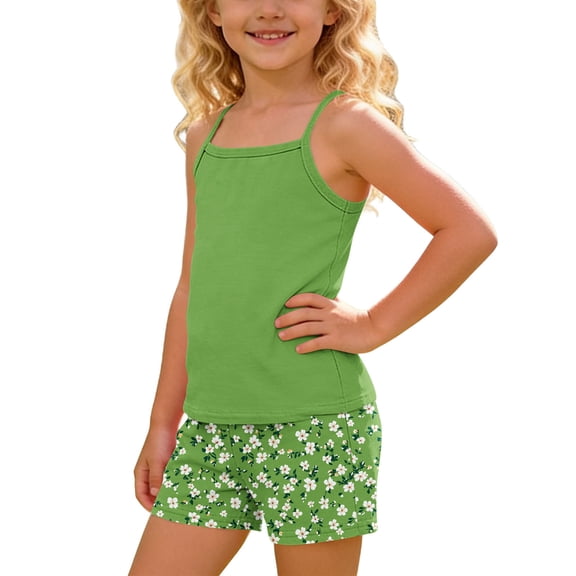 Cethrio Girls Outfit Sets 2 Piece, Printed Fashion Sleeveless Kids Summer Clothing Sets Green Size 8