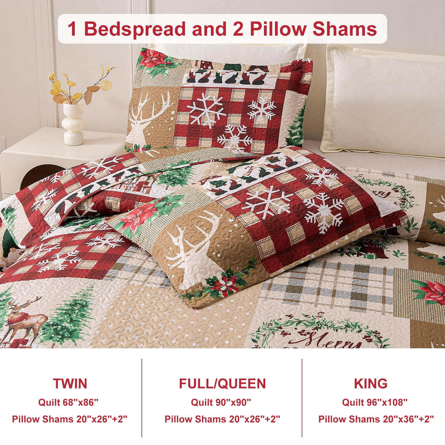 Smuge Christmas Quilt Sets Twin Size Deer Bedding Sets Snowflake Wreath Xmas Bedspread Lightweight Coverlet with 2 Pillow Shams, Red Beige Green