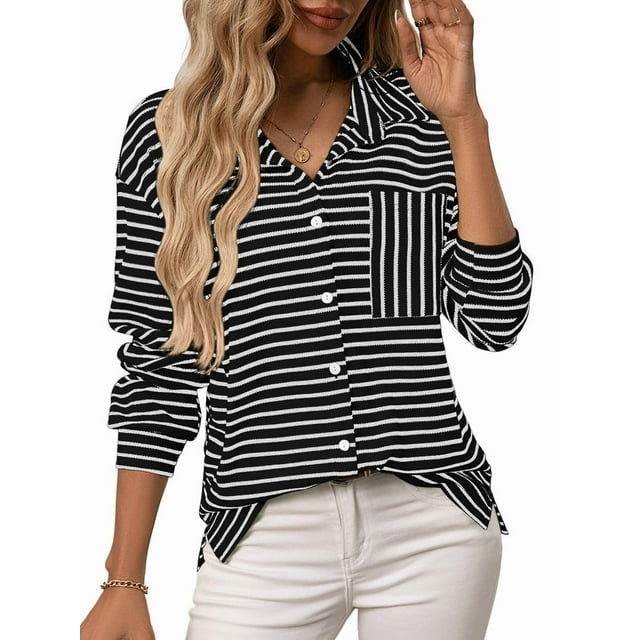 Womens Button Down Shirts Striped Classic Long Sleeve Collared Office Work Blouses Tops with Pocket Black XL